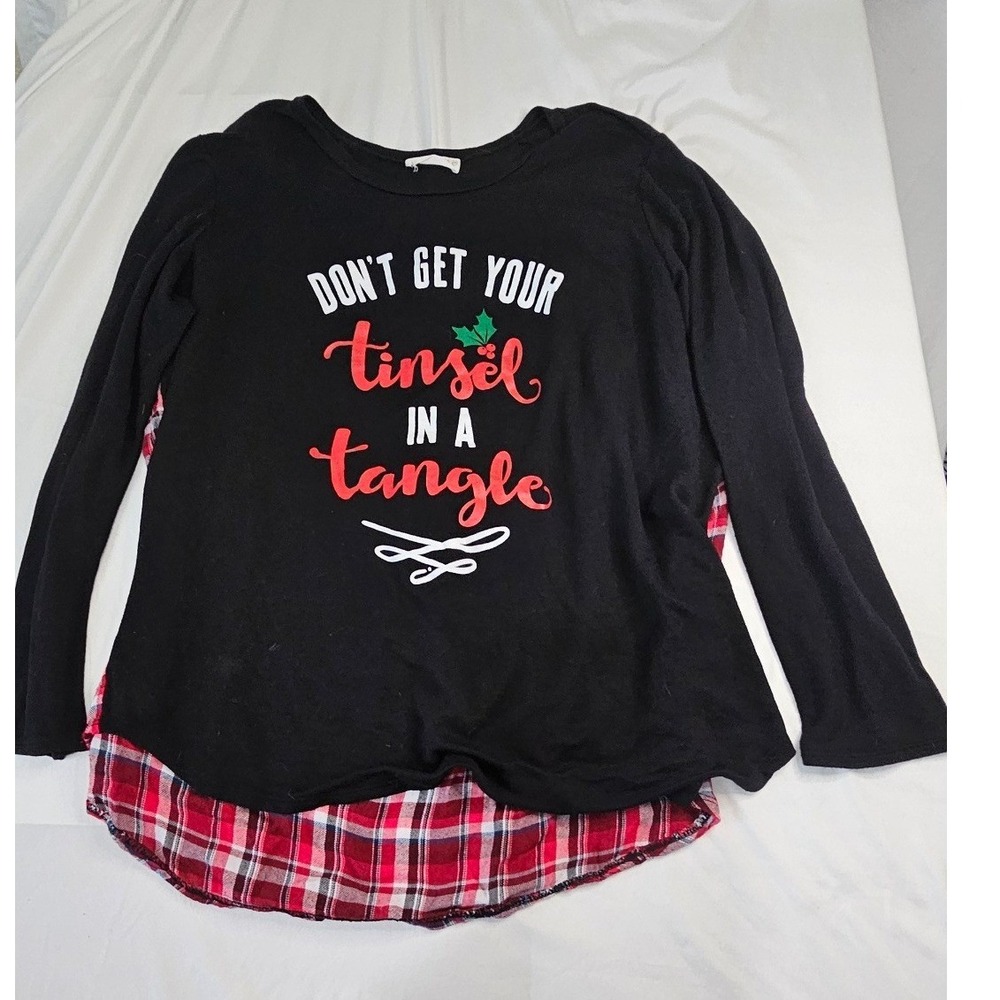 Eighty Eight Womens 3XL‎ Christmas Graphic Top Plaid Long Sleeve Black